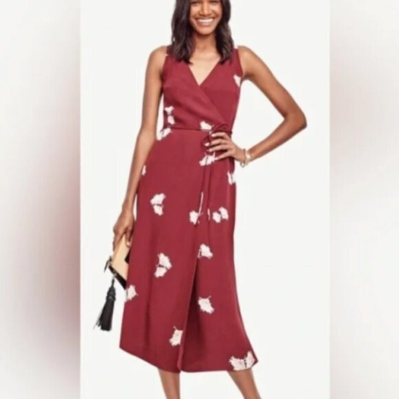 Ann Taylor Summer Blossom Oxblood Maroon Midi Tie Wrap Dress 2P - Picture 3 of 14